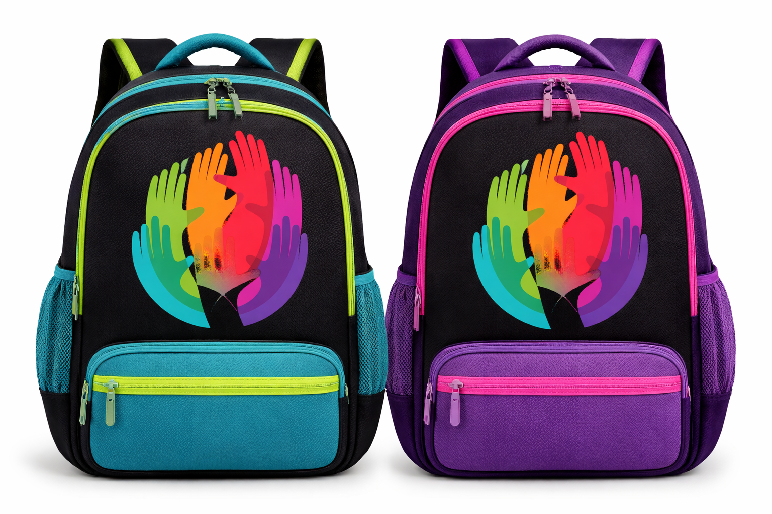 Children holding donated school bags in India